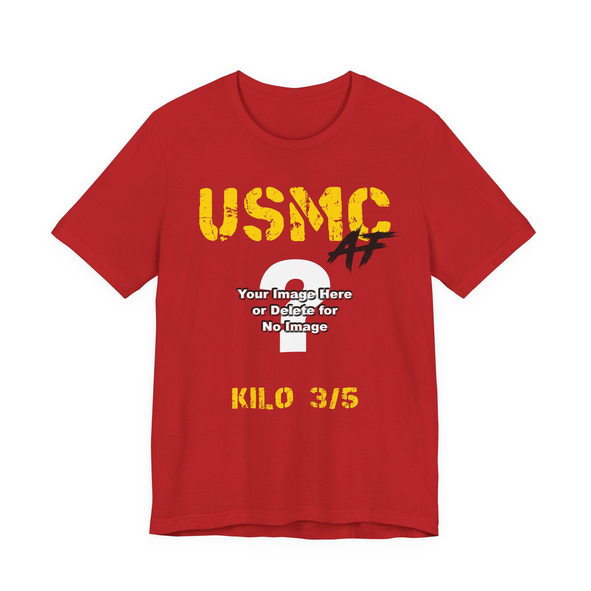 Personalized USMC Marine Corps AF T-shirt in Red with gold USMC lettering, a custom photo area and personalized unit text