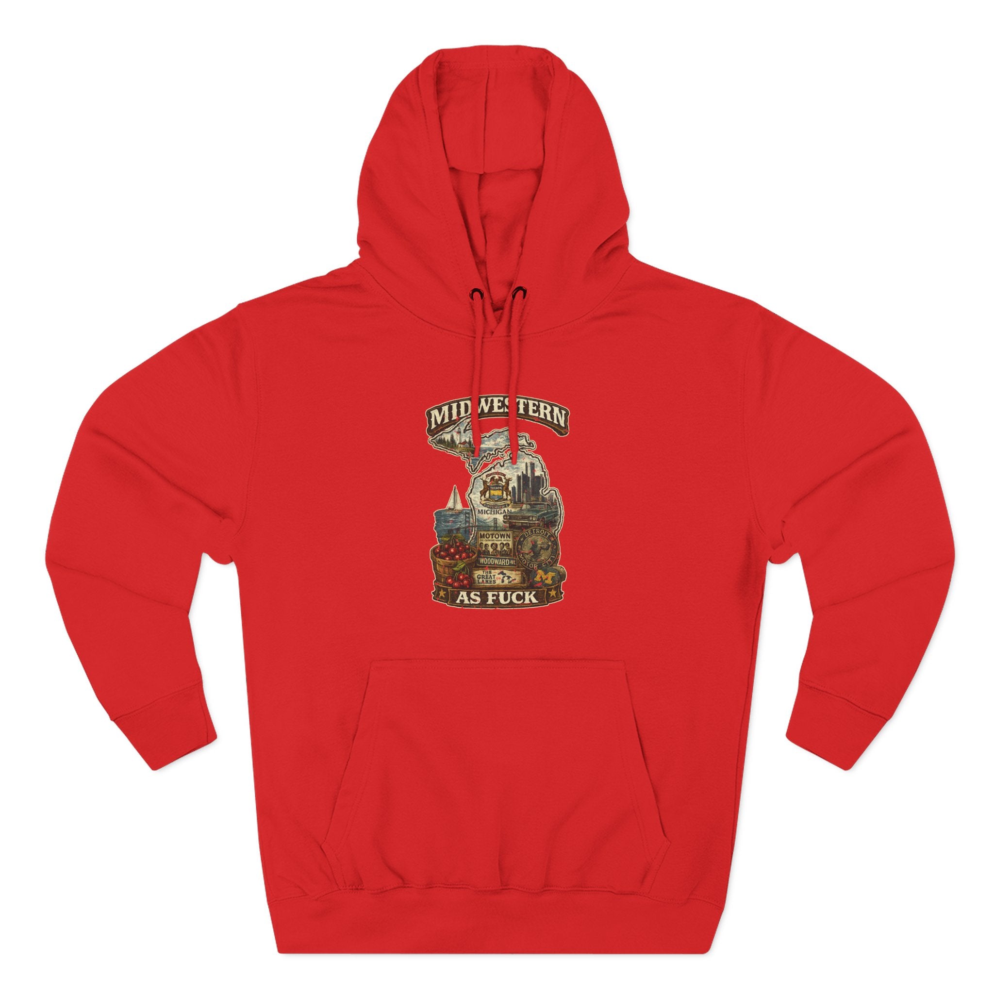 Midwestern As Fuck Michigan Hoodie in Red – a distressed vintage design featuring Michigan's Upper and Lower Peninsulas overlaid with the state outline, surrounded by Detroit's skyline, Woodward Avenue, the Great Lakes, and Traverse City cherries