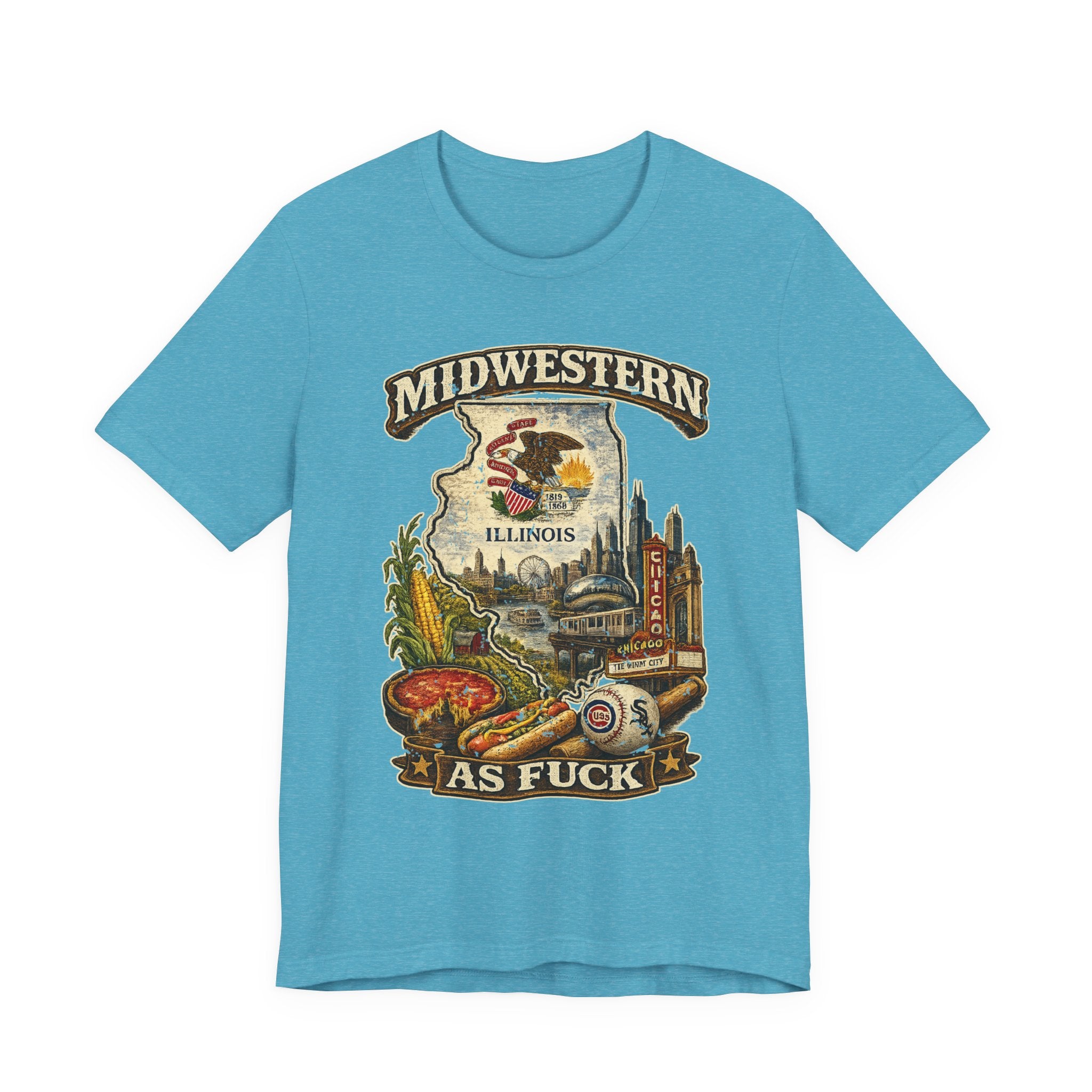 Midwestern As Fuck Illinois T-Shirt in Heather Aqua – a distressed vintage design featuring the Illinois state outline overlaid with the state flag, surrounded by the Chicago skyline, the Chicago Theatre sign, The Bean, deep-dish pizza, a Chicago-style hot dog, and towering corn fields