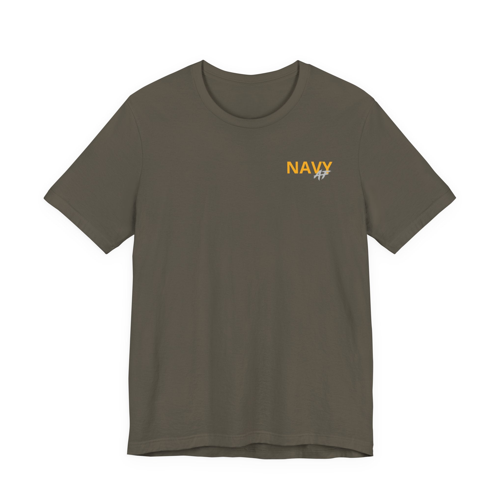 Navy veteran T-shirt in Army green laid flat with the gold NAVY chest print
