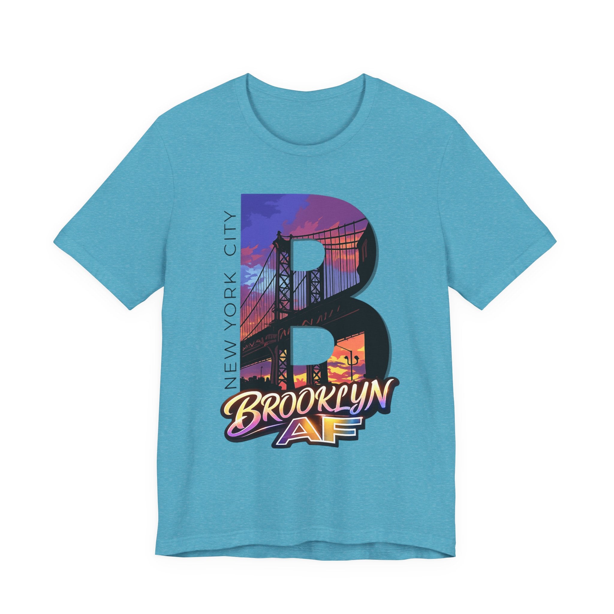 Heather aqua t-shirt, flat lay, with a bold oversized "B" featuring a Brooklyn Bridge sunset skyline graphic.