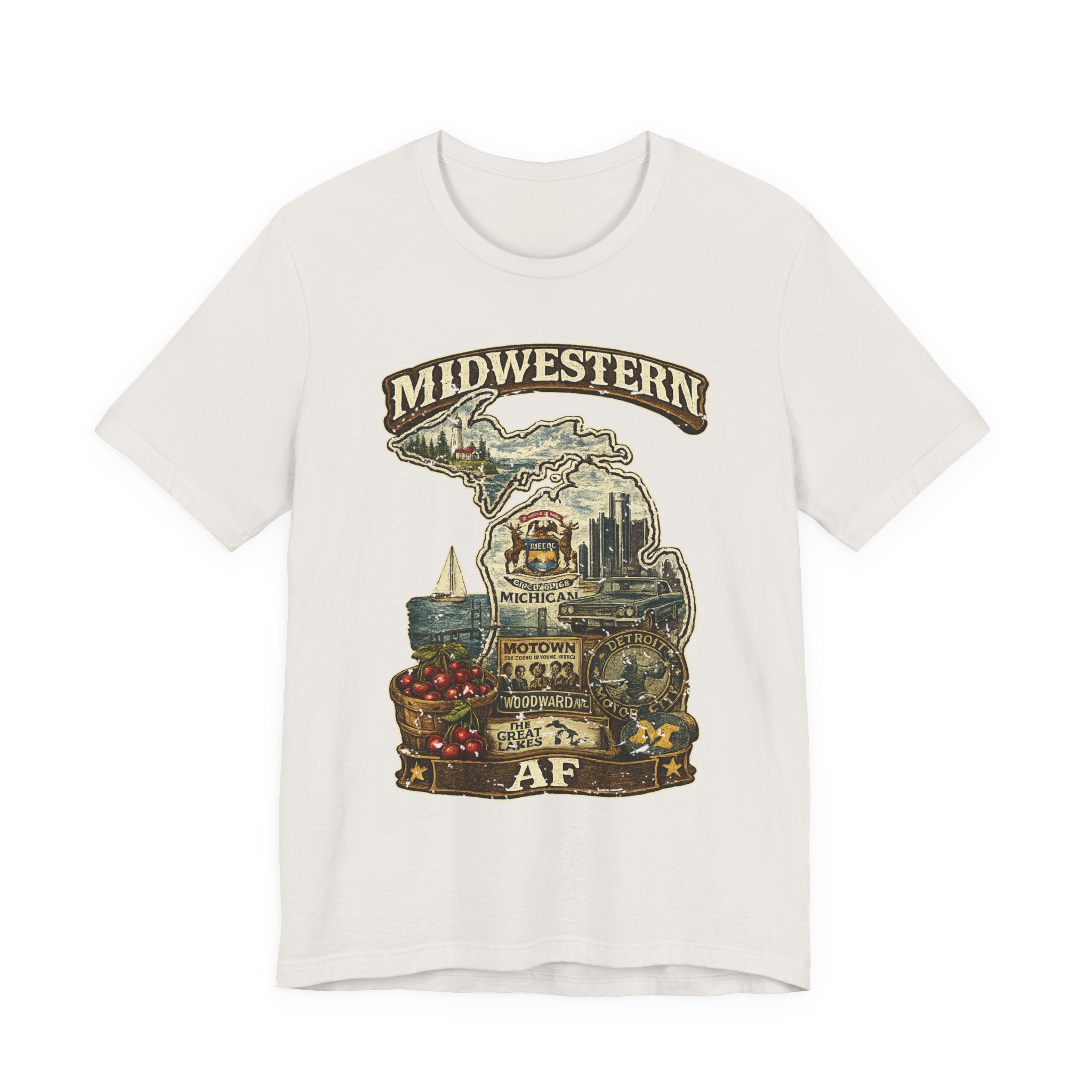 Family Friendly Midwestern AF Michigan T-Shirt in Vintage White – a distressed vintage design featuring Michigan's Upper and Lower Peninsulas overlaid with the state outline, surrounded by Detroit's skyline, Woodward Avenue, the Great Lakes, and Traverse City cherries