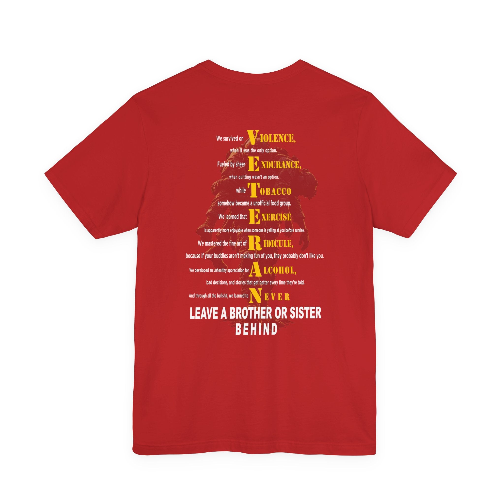 Marine veteran tee in Red with the VETERAN acrostic back print over a Marine carrying a wounded comrade