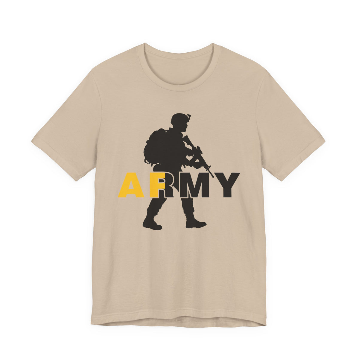 Tan Army AF T-shirt shown flat, gold AF and charcoal RMY beneath a striding soldier
