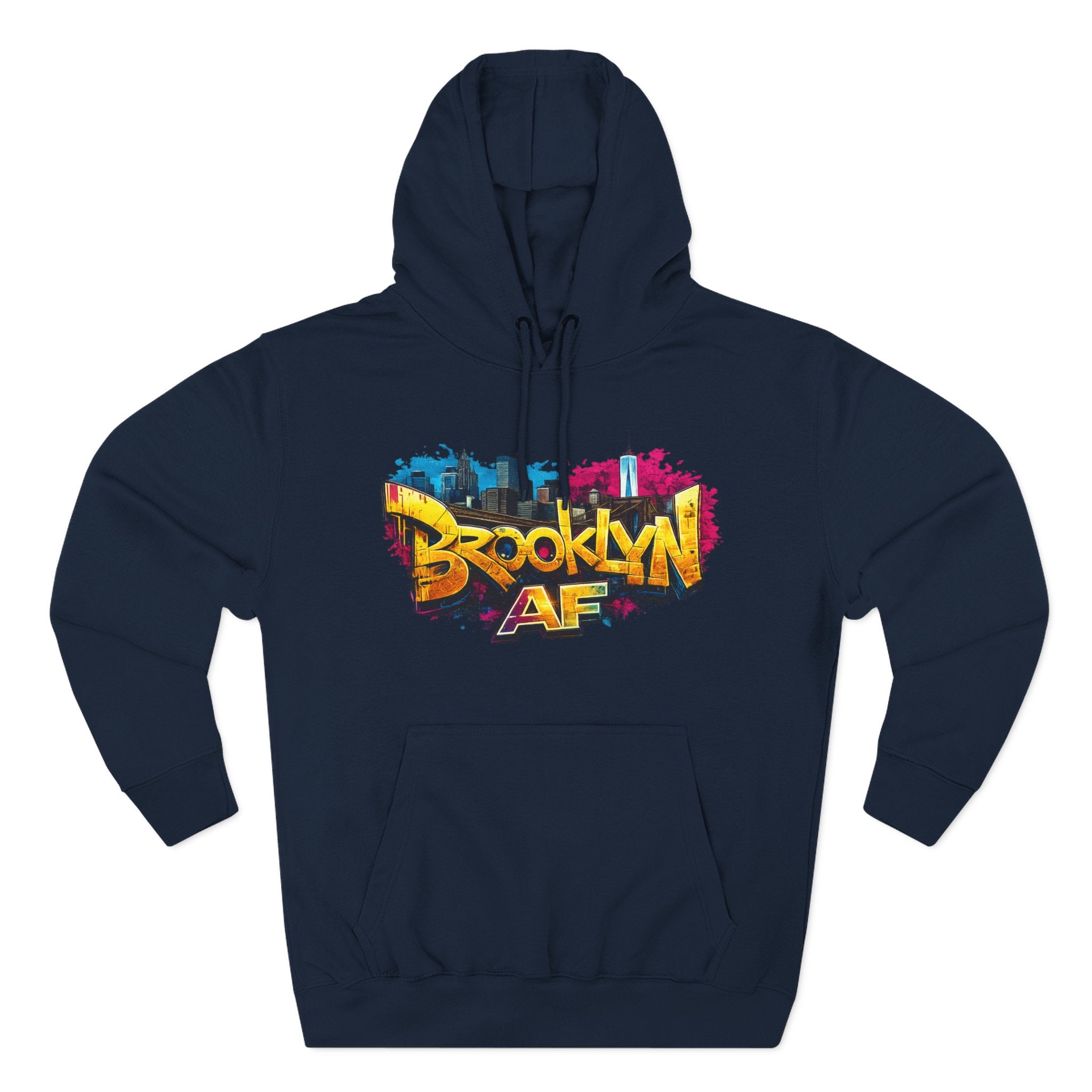 Navy hoodie, flat lay front view, with colorful graffiti-style Brooklyn AF lettering and NYC skyline paint-splash print.