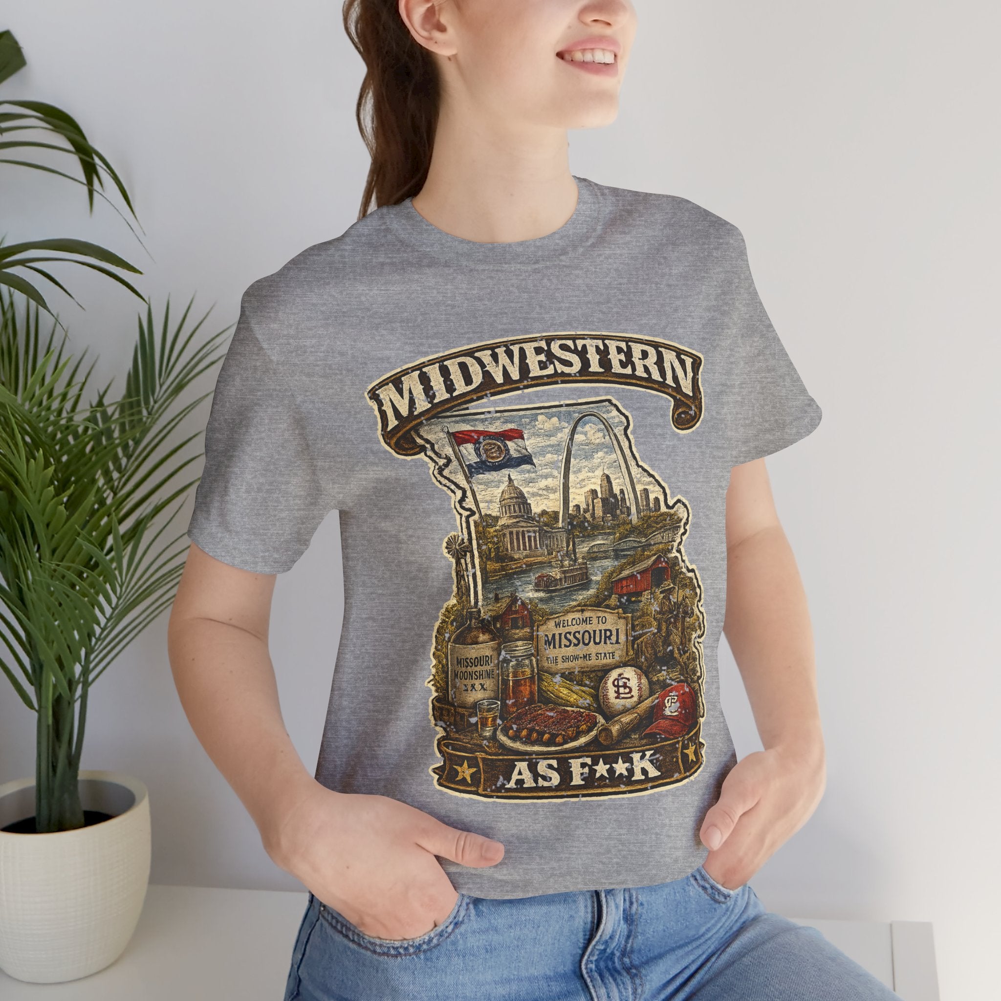 Close-up of woman wearing athletic heather grey Missouri Midwestern As F**K t-shirt, vintage Show-Me State graphic