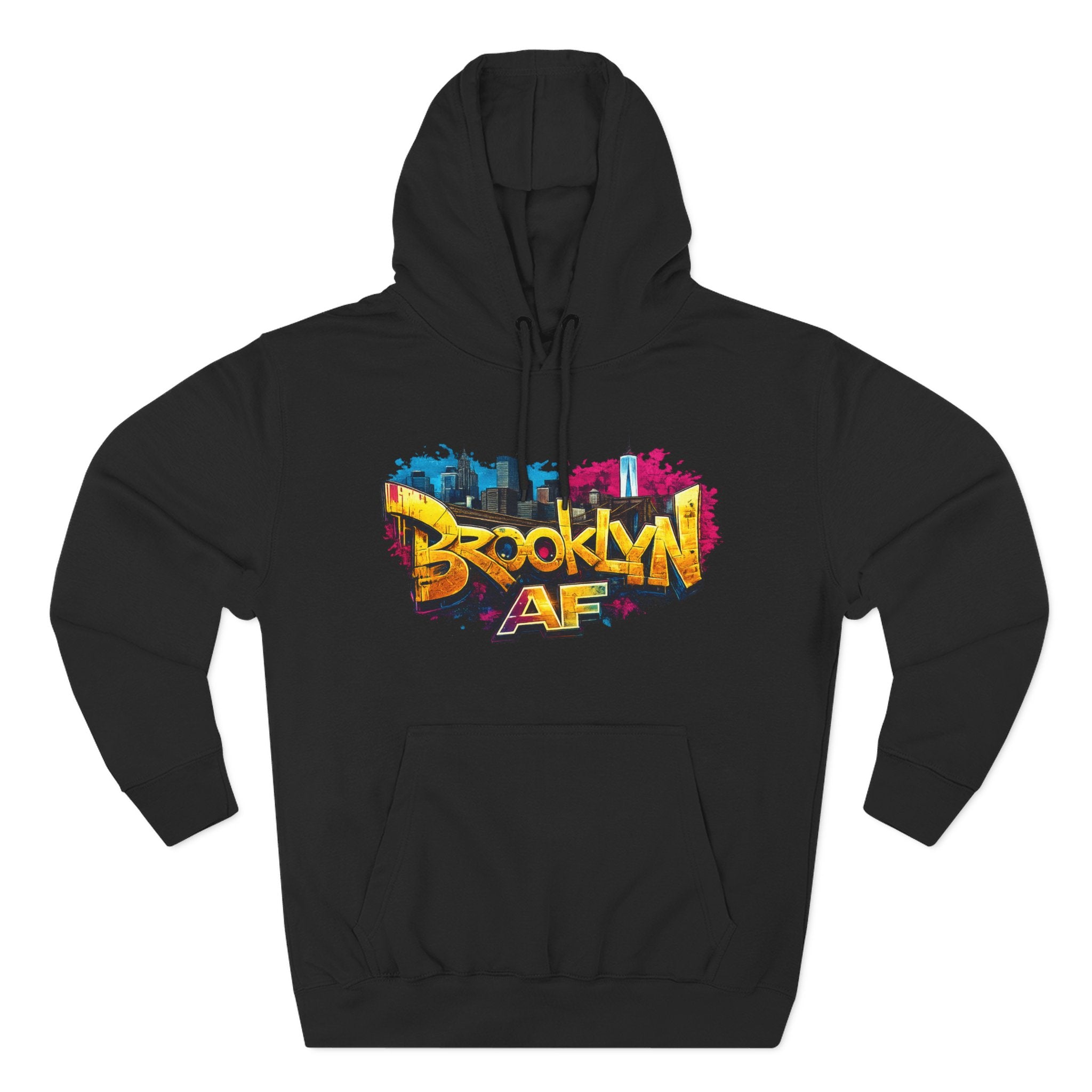 Black hoodie, flat lay front view, with colorful graffiti-style Brooklyn AF lettering and NYC skyline paint-splash print.