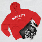 Red Minnesota hoodie styled flat with denim and trainers, white varsity MINNESOTA over FROZEN LIFE
