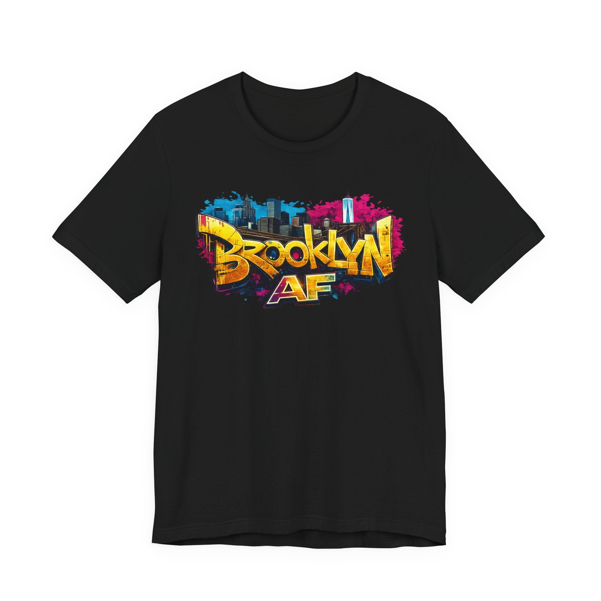 Black t-shirt, front view flat lay, with colorful graffiti Brooklyn AF lettering over a skyline paint-splash design.
