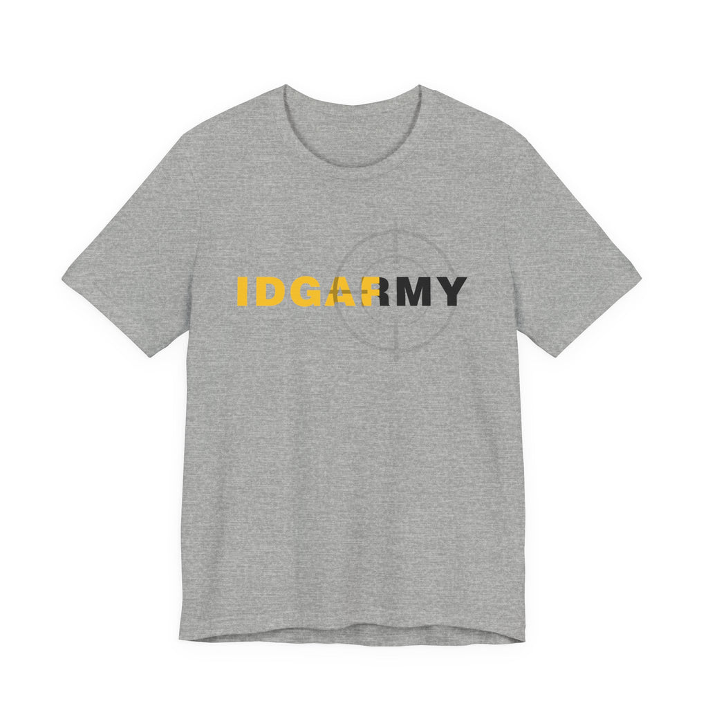 Light grey IDGAF Army tee laid flat, gold and charcoal lettering over a pale target ring