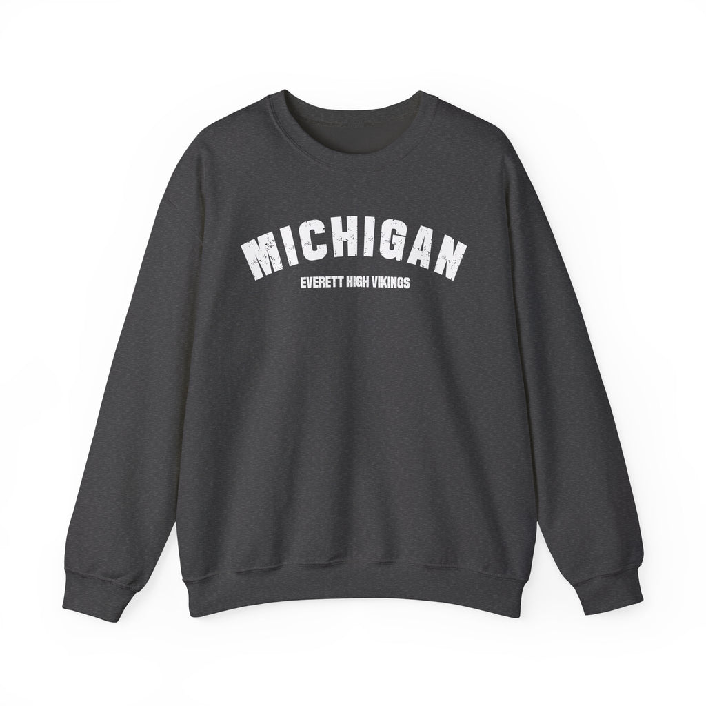 Dark heather custom Michigan crewneck laid flat, white varsity MICHIGAN over a custom text line