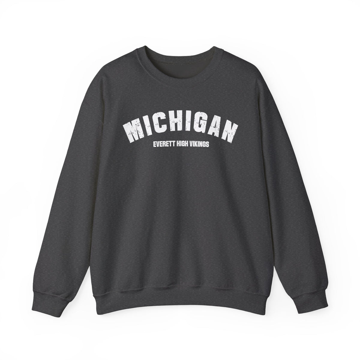 Dark heather custom Michigan crewneck laid flat, white varsity MICHIGAN over a custom text line