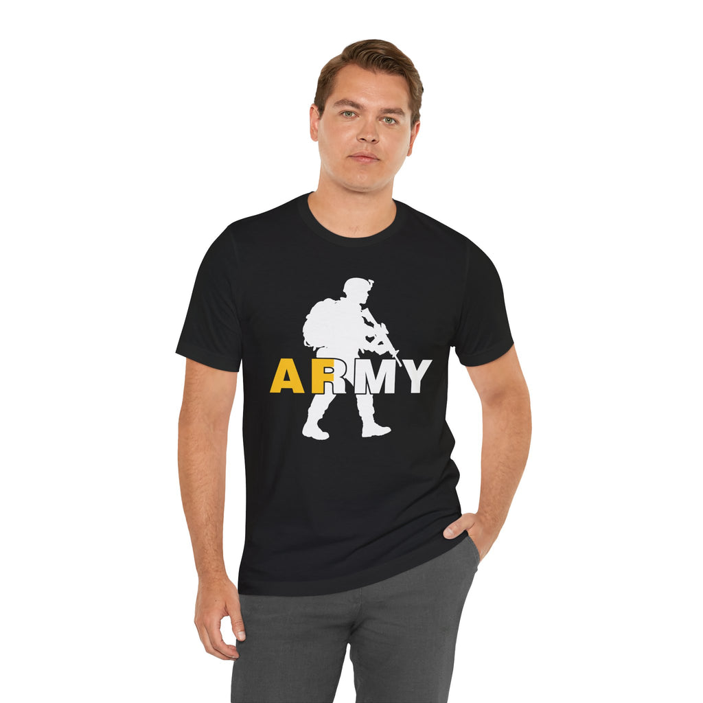 Man wearing the black Army AF tee, white soldier silhouette across the chest