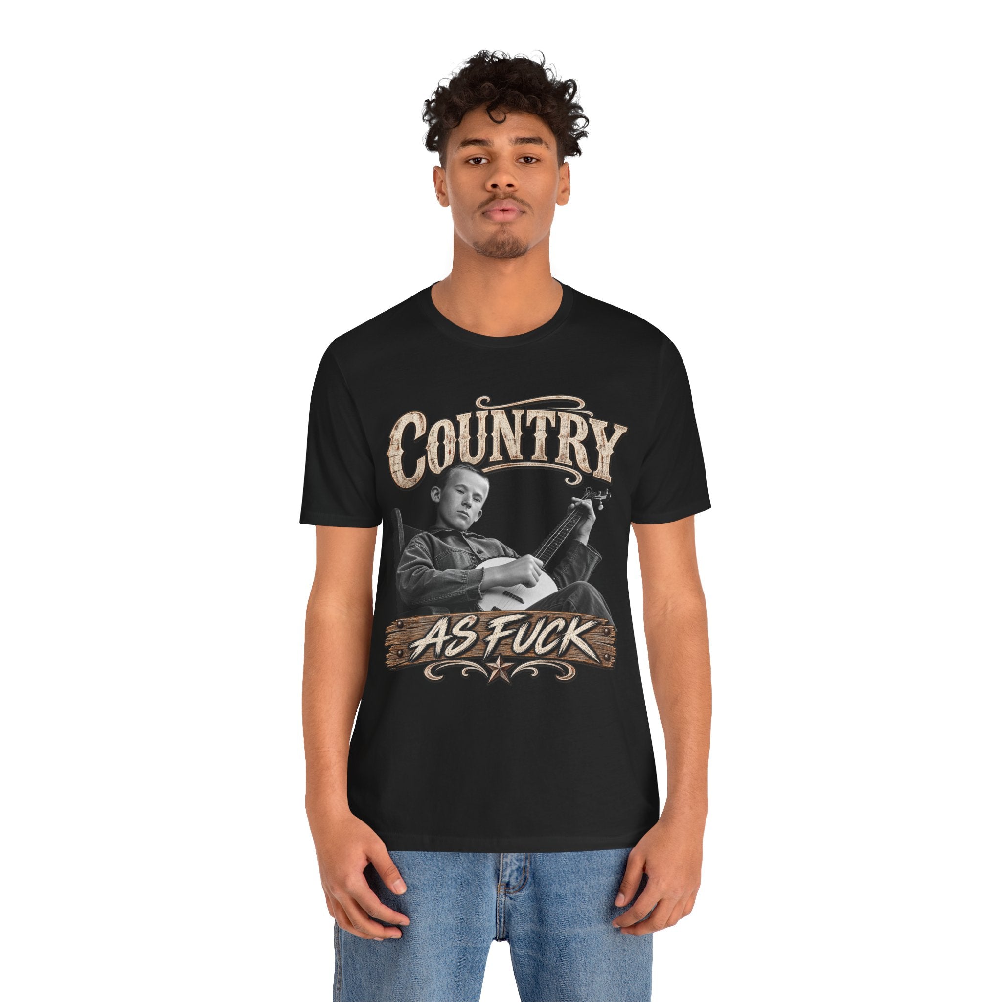 Man in the Black Country As Fuck tee, banjo player front print showing