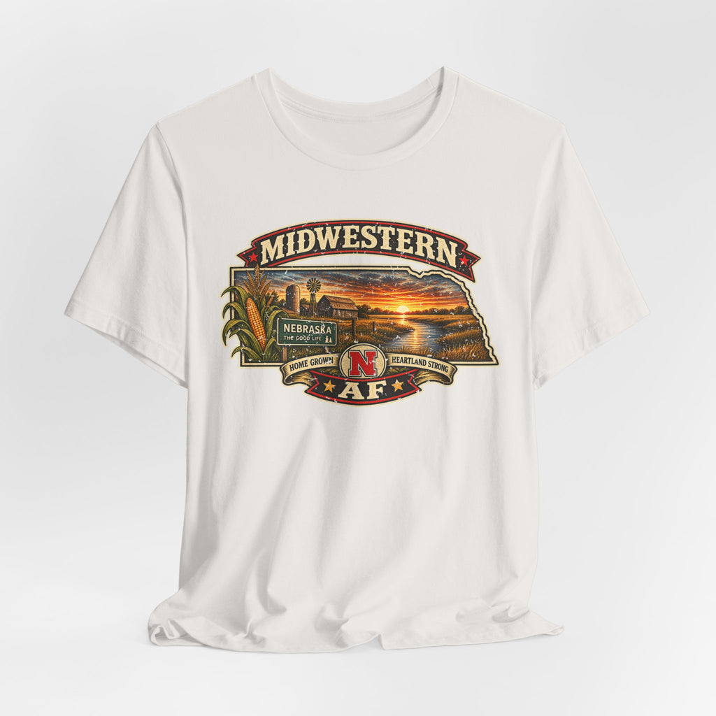 Natural vintage white Nebraska T-shirt draped flat with the aged Midwestern AF print