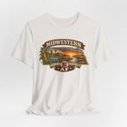 Natural vintage white Nebraska T-shirt draped flat with the aged Midwestern AF print