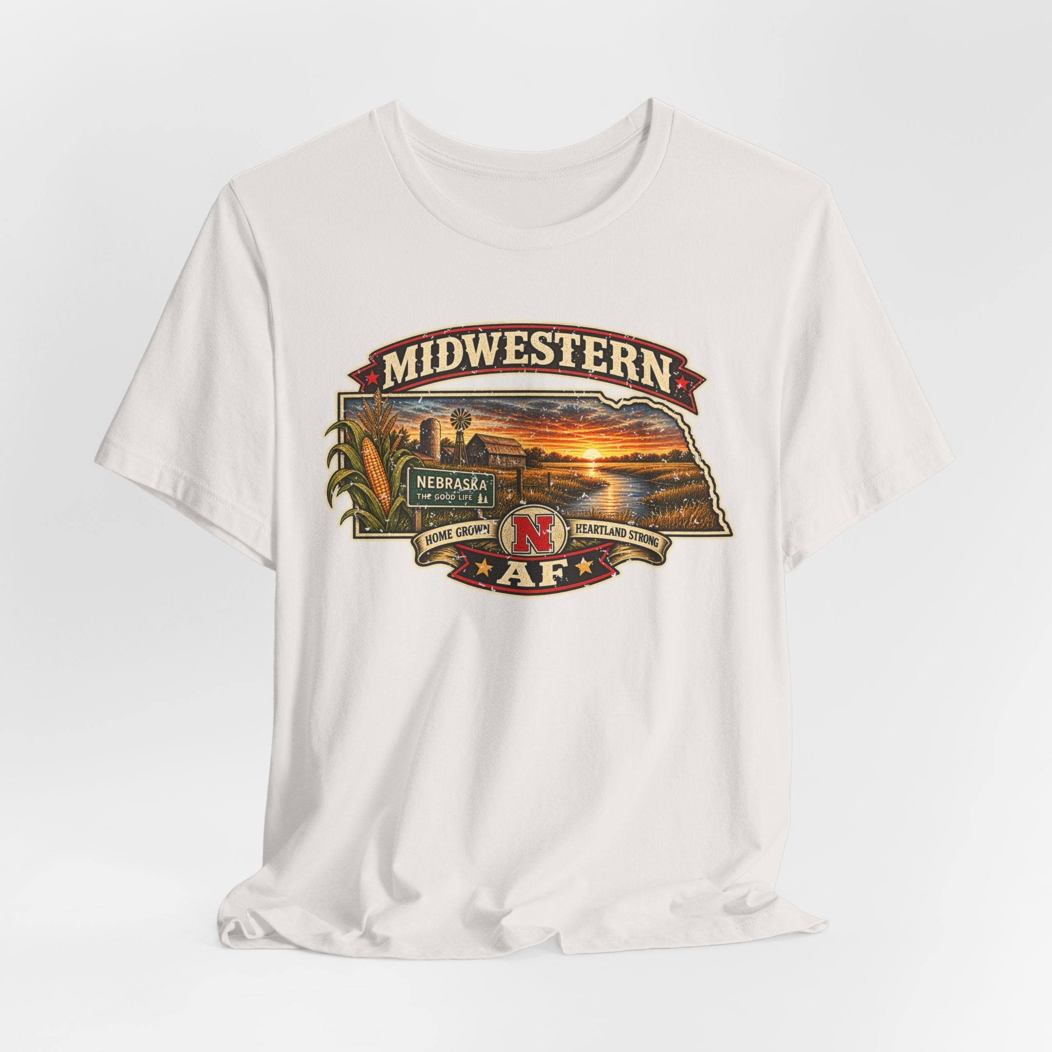 Natural vintage white Nebraska T-shirt draped flat with the aged Midwestern AF print