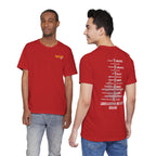 Two men wearing the Navy veteran T-shirt in Red, showing the front and back prints