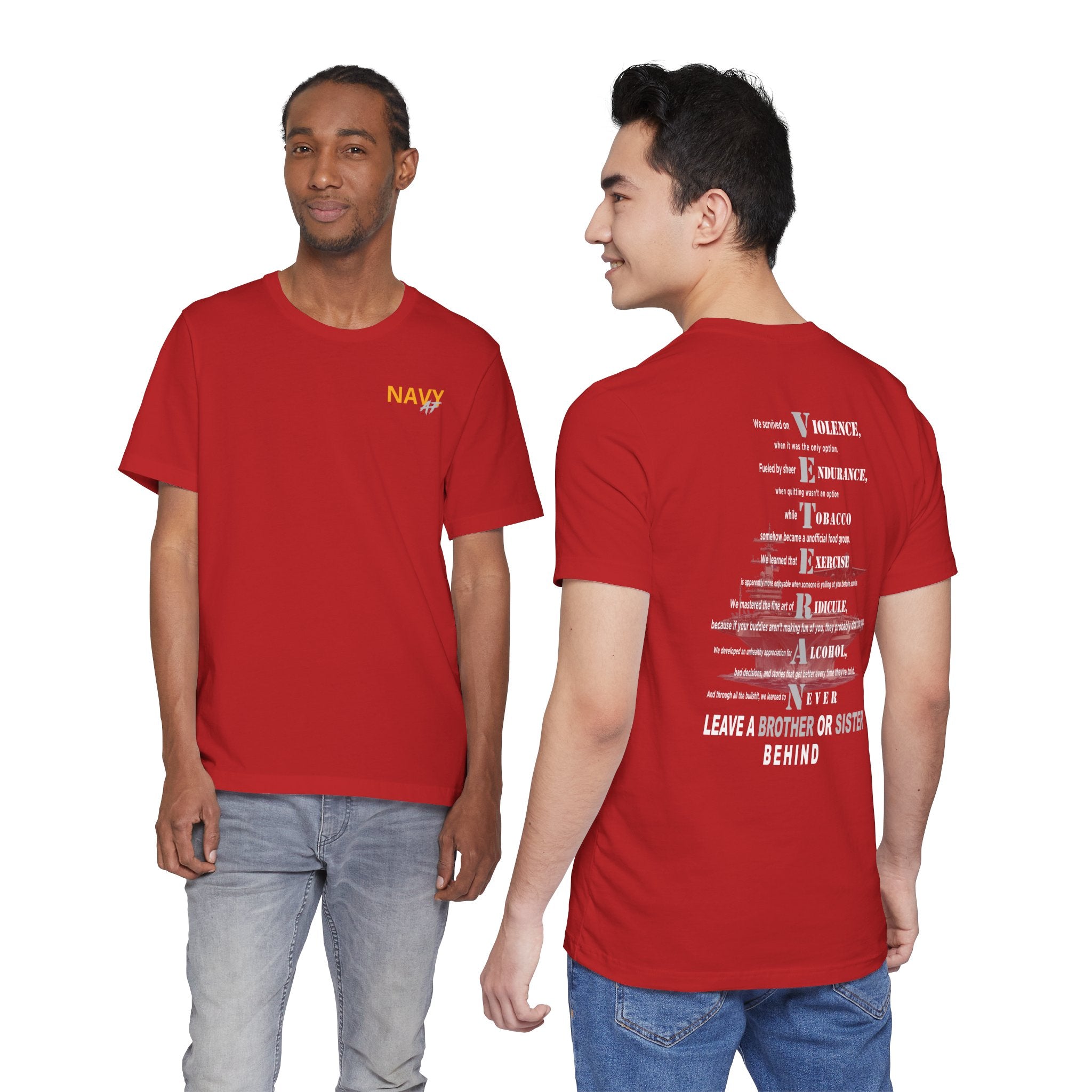 Two men wearing the Navy veteran T-shirt in Red, showing the front and back prints