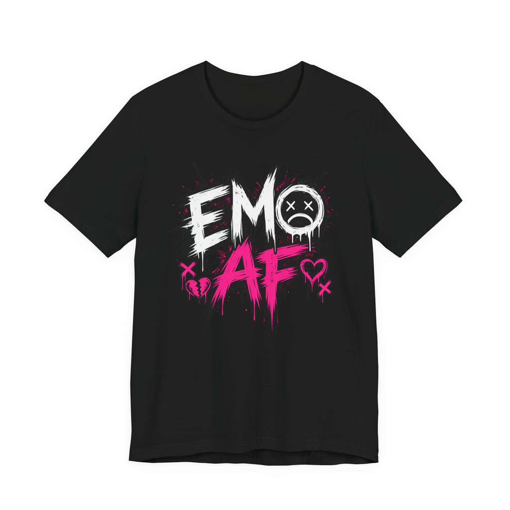Black EMO AF T-Shirt laid flat, white EMO type and hot-pink AF standing out on black