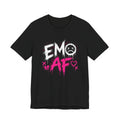 Black EMO AF T-Shirt laid flat, white EMO type and hot-pink AF standing out on black