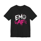 Black EMO AF T-Shirt laid flat, white EMO type and hot-pink AF standing out on black