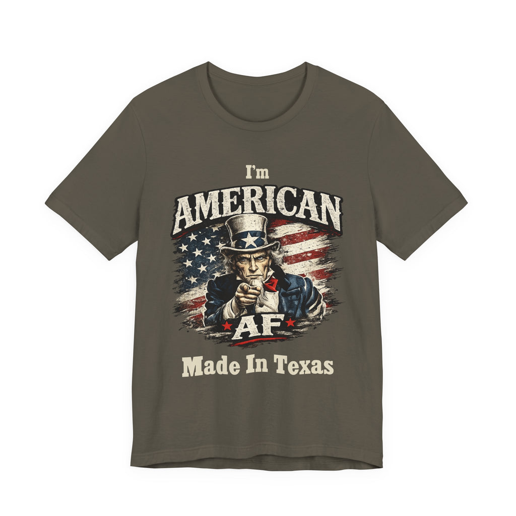 Army green t-shirt flat lay showing the Uncle Sam pointing graphic and AF Made In Texas print.