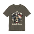 Army green t-shirt flat lay showing the Uncle Sam pointing graphic and AF Made In Texas print.
