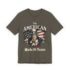 Army green t-shirt flat lay showing the Uncle Sam pointing graphic and AF Made In Texas print.