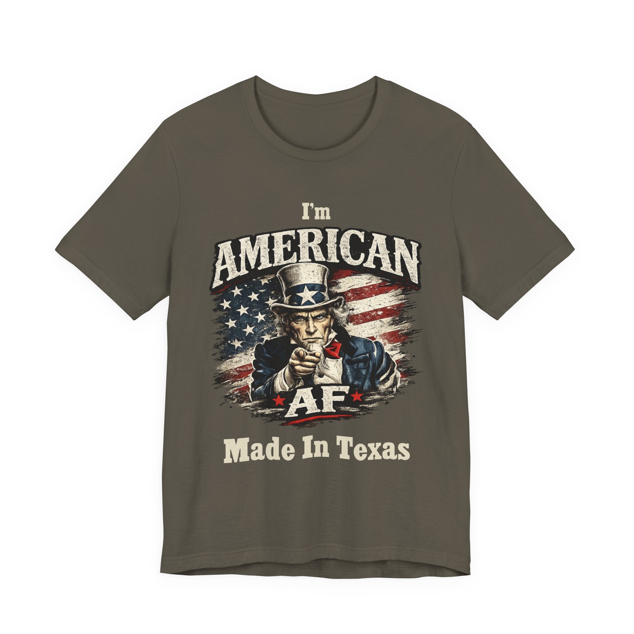 Army green t-shirt flat lay showing the Uncle Sam pointing graphic and AF Made In Texas print.