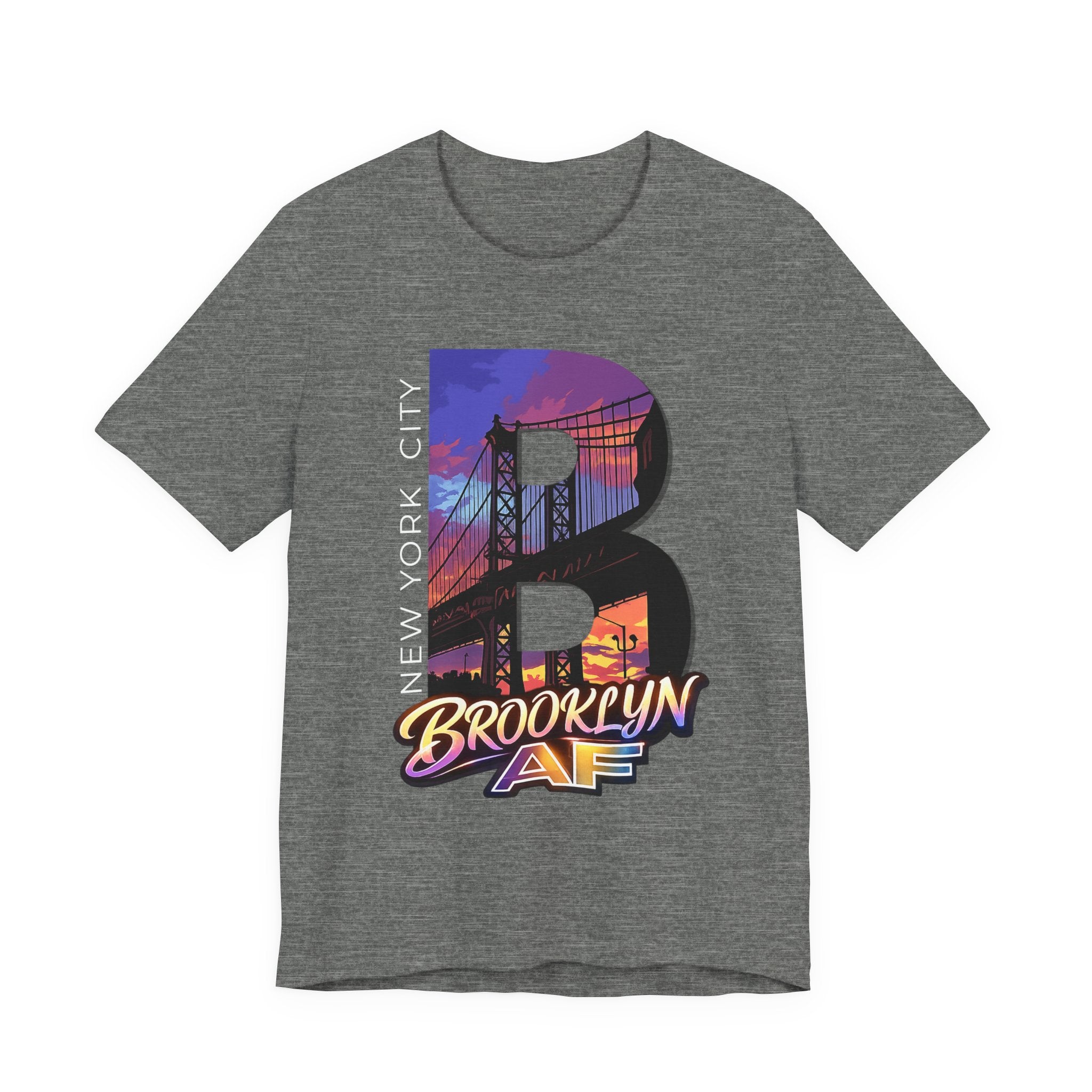 Heather grey t-shirt, flat lay front view, with a bold B and a purple-orange Brooklyn Bridge sunset skyline graphic.