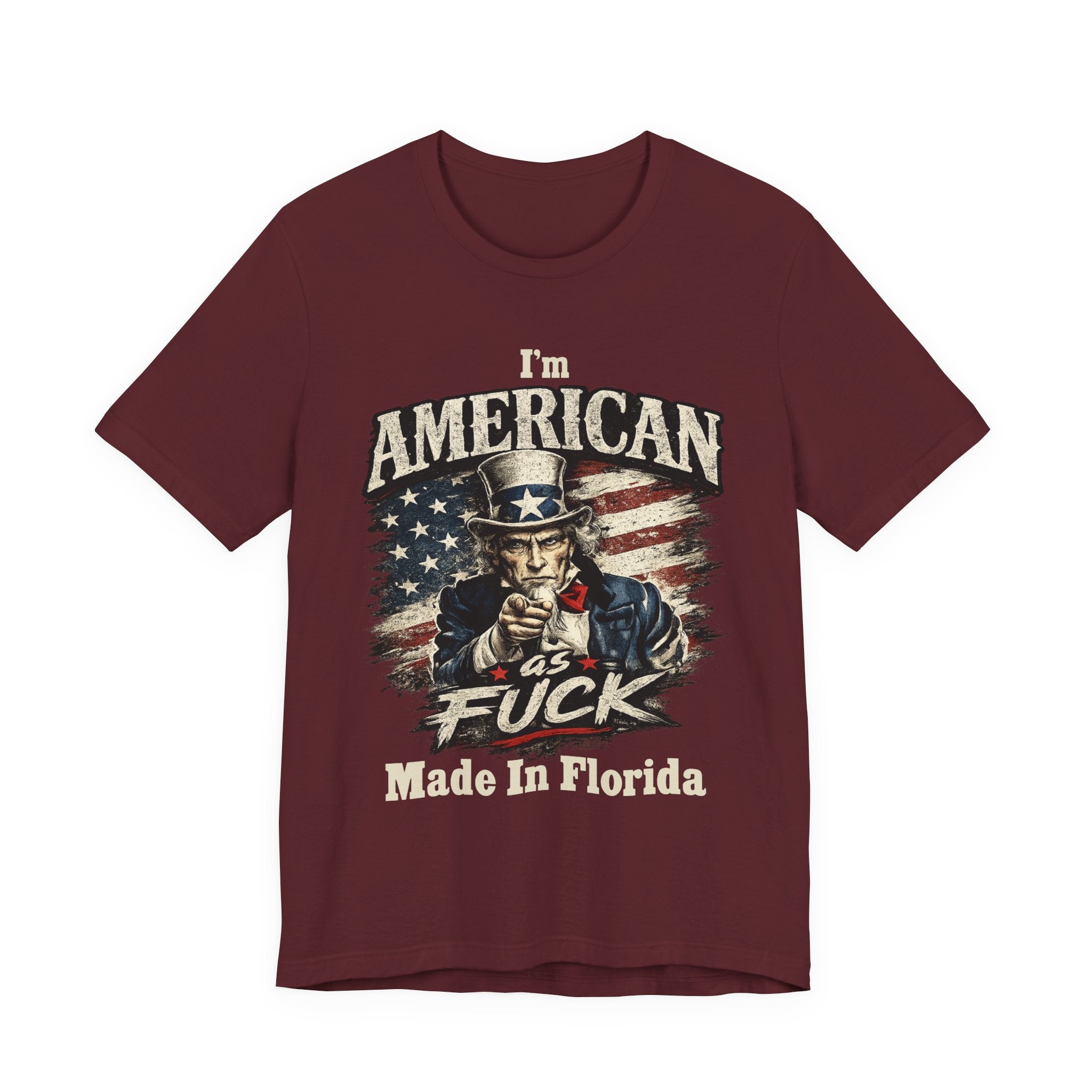 Maroon t-shirt flat lay showing the vintage Uncle Sam graphic with 'Made In Florida' personalized text