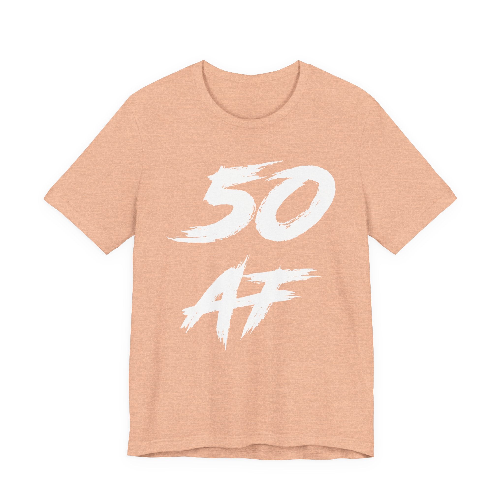 Heather Peach birthday t-shirt laid flat with the white 50 AF brush graphic