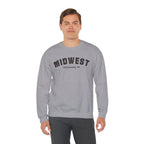 Man in the Sport Grey custom Midwest crewneck, varsity hometown print showing