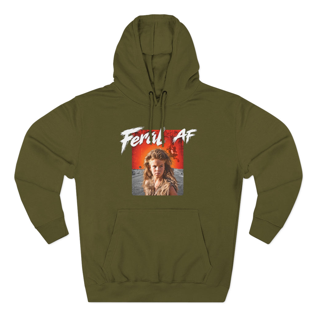 Army Green Feral AF pullover laid flat, olive fleece behind the red-orange wasteland print