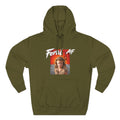 Army Green Feral AF pullover laid flat, olive fleece behind the red-orange wasteland print
