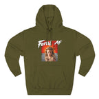Army Green Feral AF pullover laid flat, olive fleece behind the red-orange wasteland print