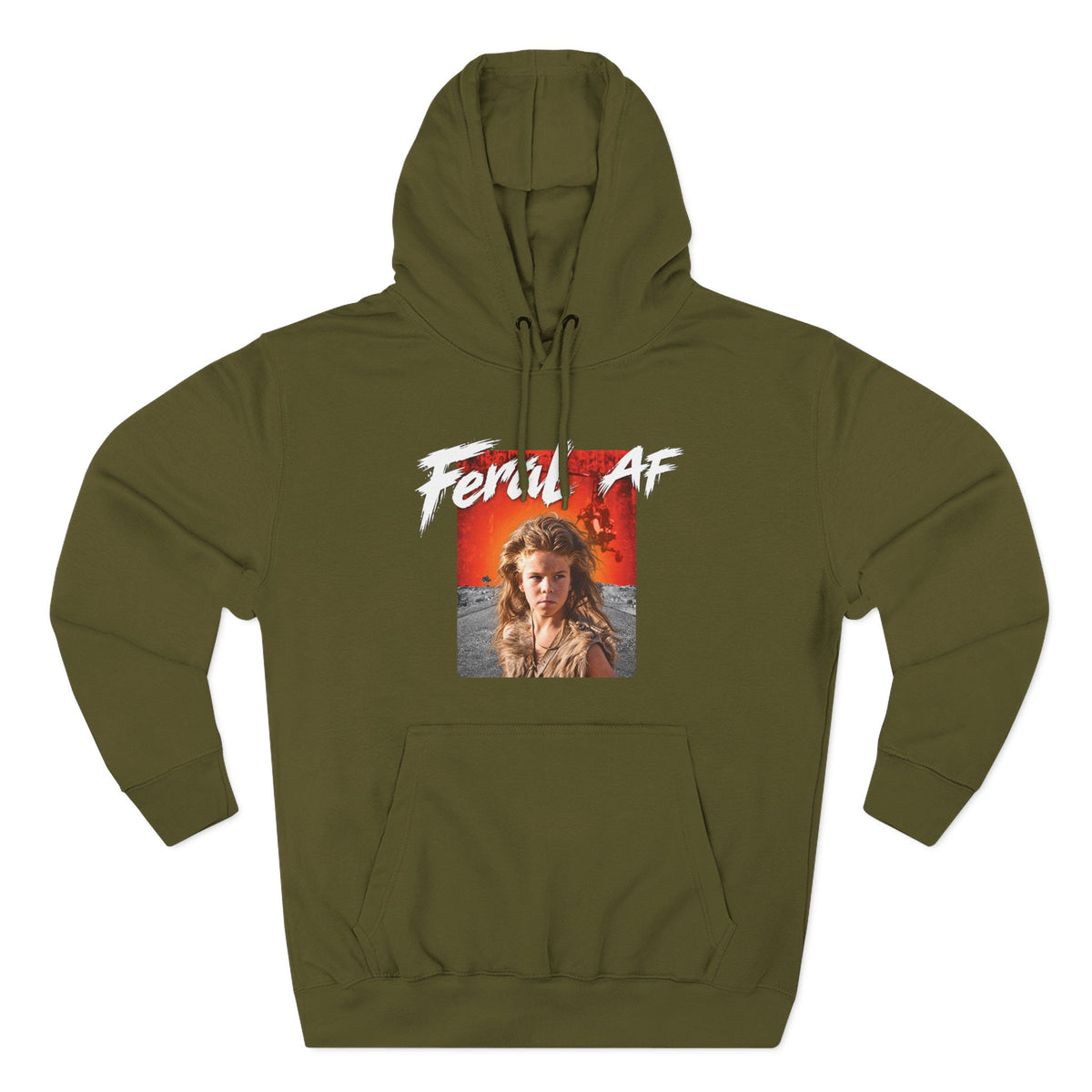 Army Green Feral AF pullover laid flat, olive fleece behind the red-orange wasteland print
