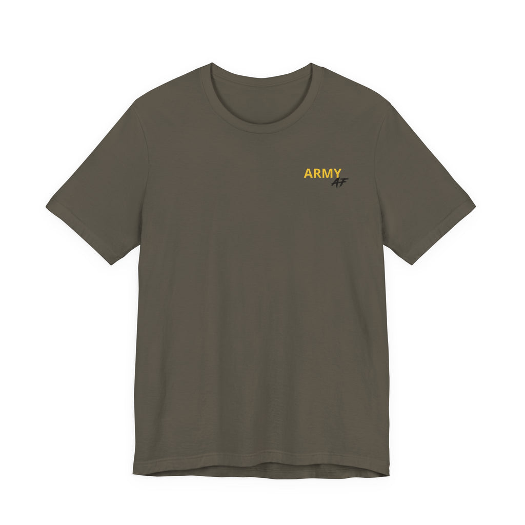 Army veteran T-shirt in Army green laid flat with the gold ARMY chest print