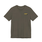 Army veteran T-shirt in Army green laid flat with the gold ARMY chest print