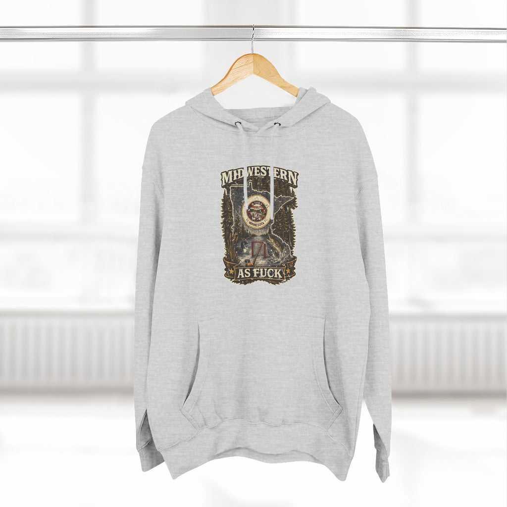 No Filter Midwestern As Fuck Minnesota Hoodie – product photo 14 featuring the distressed state flag, pine trees, loon and walleye design