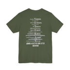 Navy veteran tee in Military Green, VETERAN back print over a faded aircraft carrier