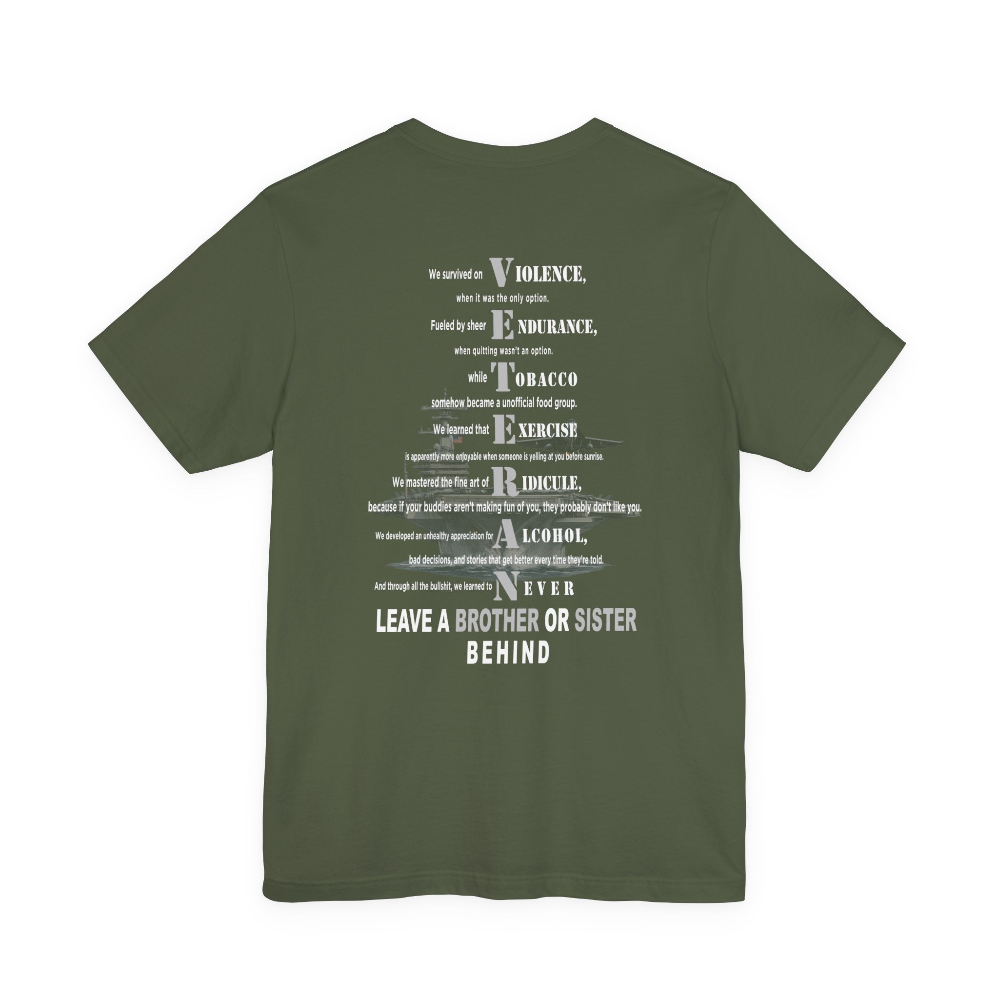 Navy veteran tee in Military Green, VETERAN back print over a faded aircraft carrier