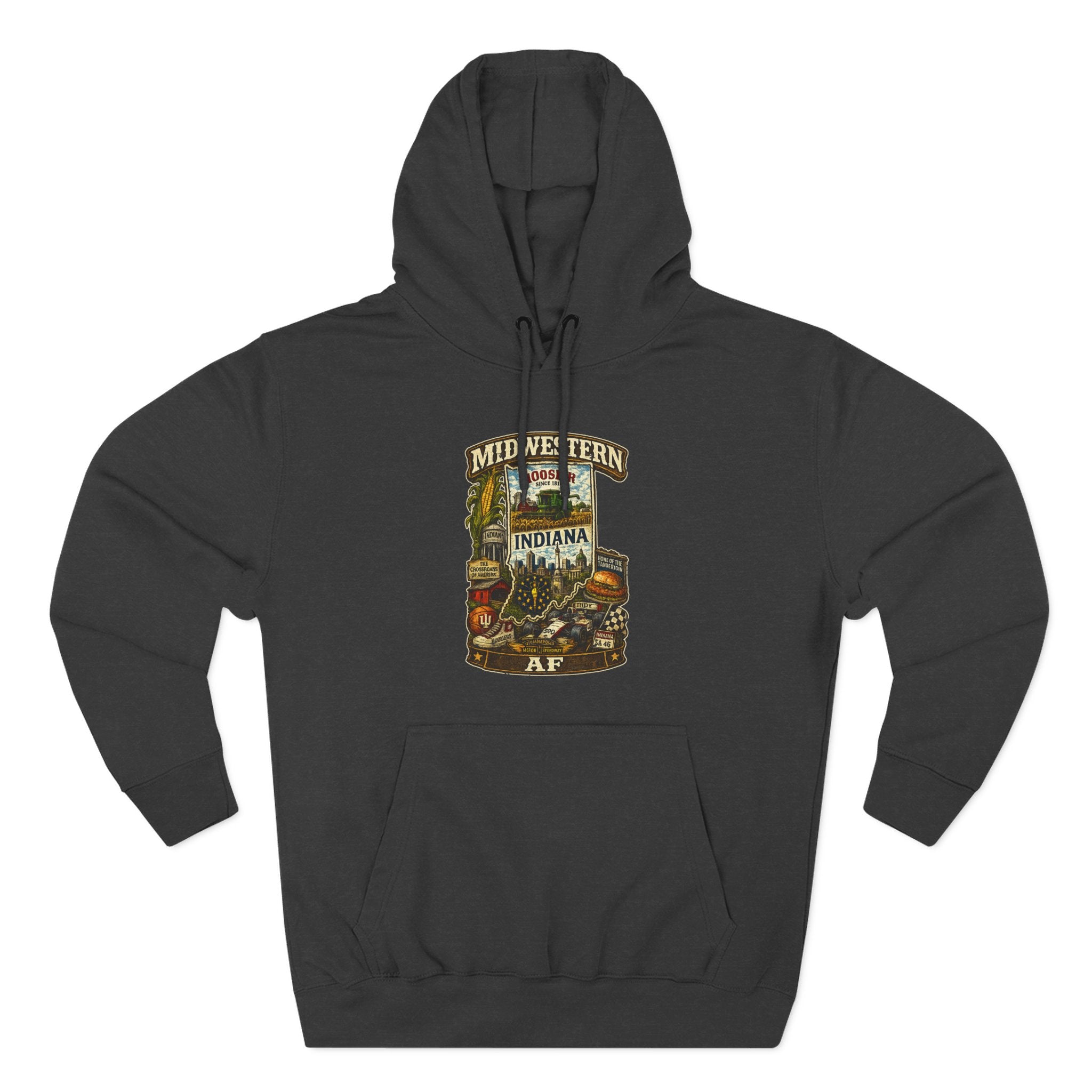 Charcoal Heather Midwestern AF Indiana Hoodie, family friendly Hoosier State pride pullover