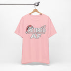 Pink Retired AF T-shirt on a wooden hanger, front print with the nightcap and ZZZs