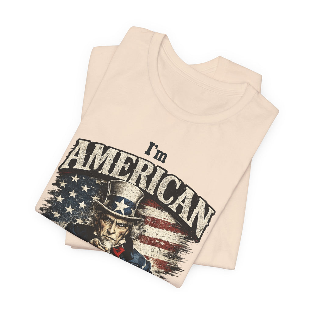 Cream folded tee close-up showing top of Uncle Sam graphic and "I'm American" text