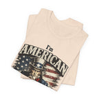 Cream folded tee close-up showing top of Uncle Sam graphic and "I'm American" text