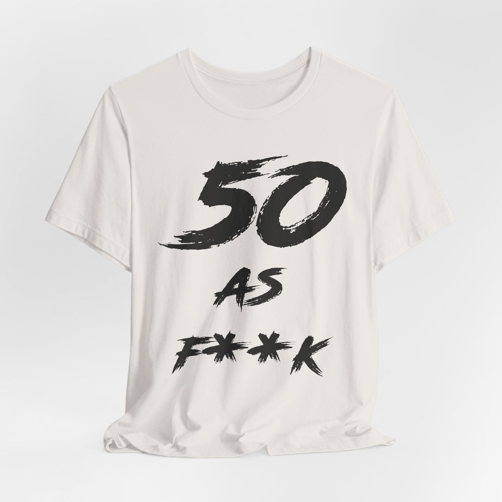 Natural Vintage White tee laid flat and rumpled with the black 50 AS F**K print