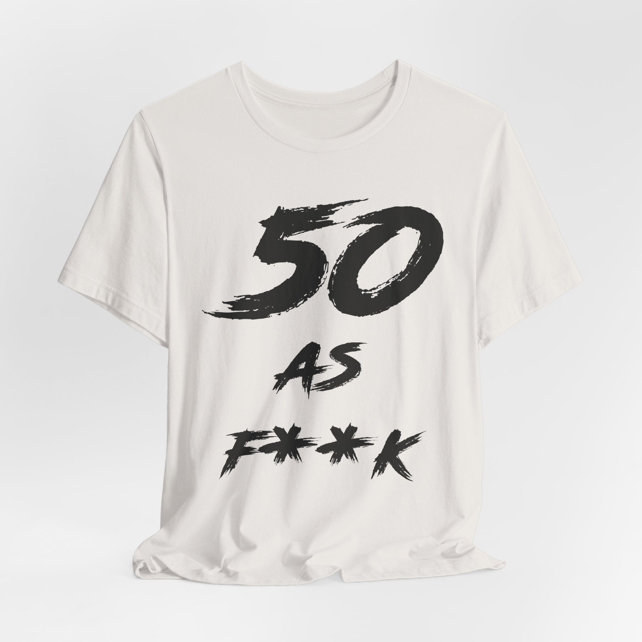 Natural Vintage White tee laid flat and rumpled with the black 50 AS F**K print