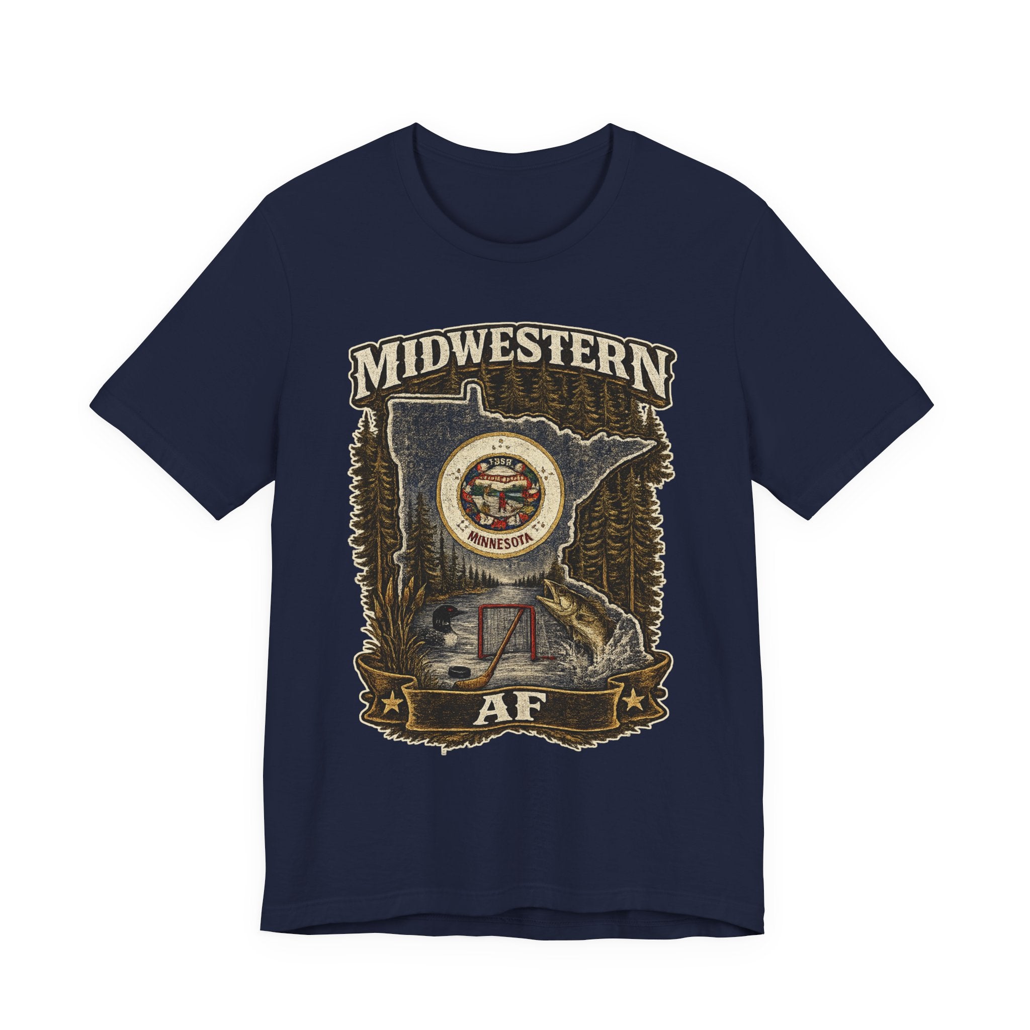 Family Friendly Midwestern AF Minnesota T-Shirt in Navy – distressed Minnesota state flag design with pine trees, loon and walleye